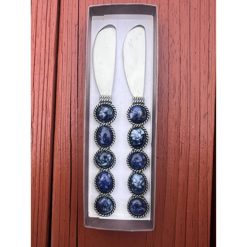 Vintage Southwestern Blue Stone Cheese Spreaders - Set of 2 - Silver Tone Boho